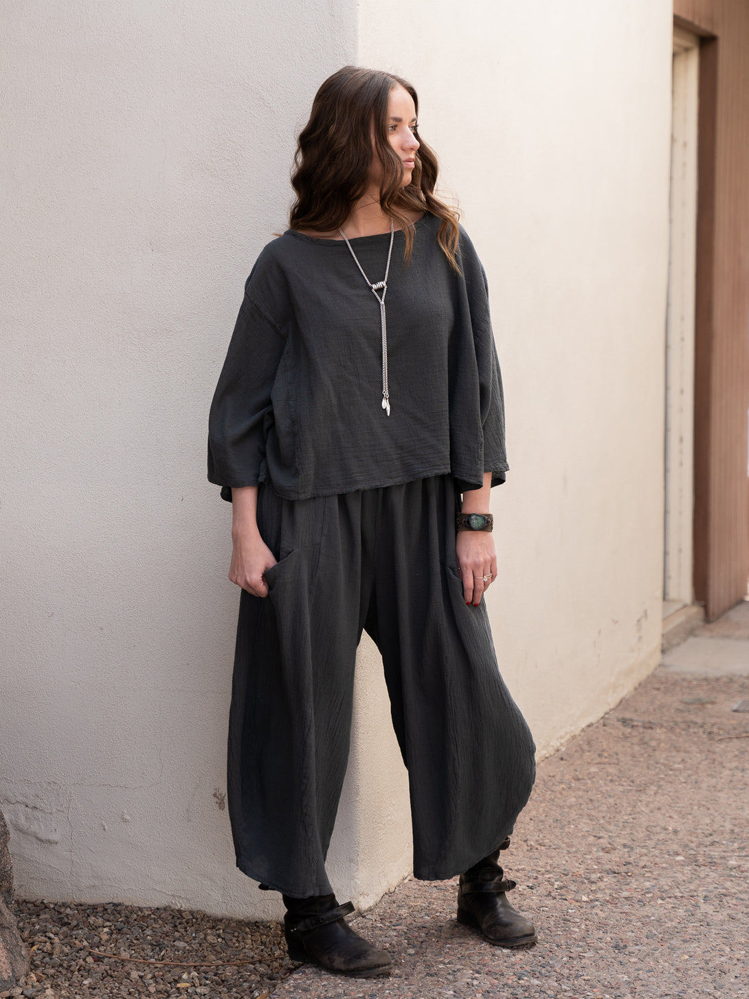 Conscious Coterie Mickey Pant in charcoal cotton on model full front view