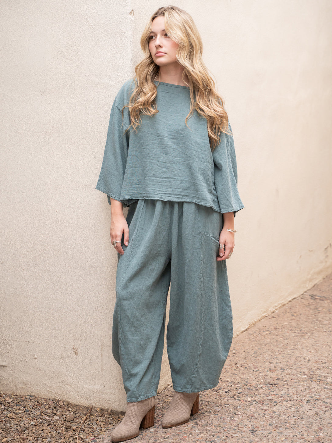 Conscious Coterie Mickey Pant in sea cotton on model full front view