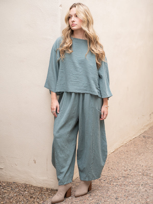 Conscious Coterie Mickey Pant in sea cotton on model full front view