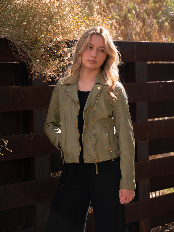 Conscious Coterie Raizel Leather Jacket in sage on model editorial image