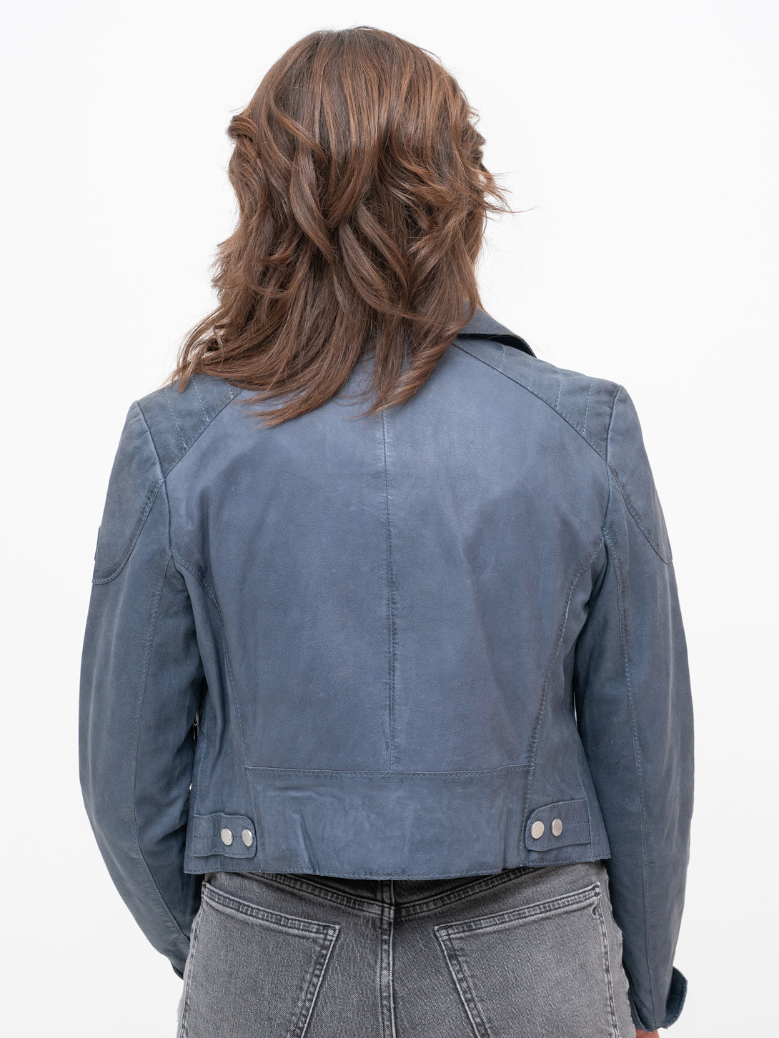 Conscious Coterie Reanon Leather Jacket in blue on model back view