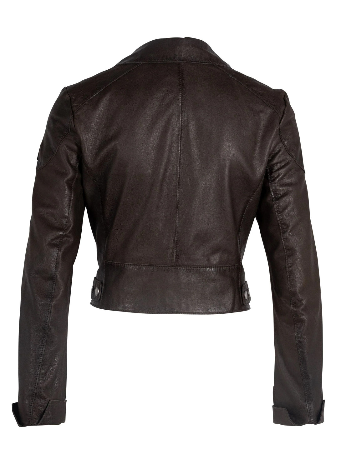 Conscious Coterie Reanon Leather Jacket in brown on mannequin back view