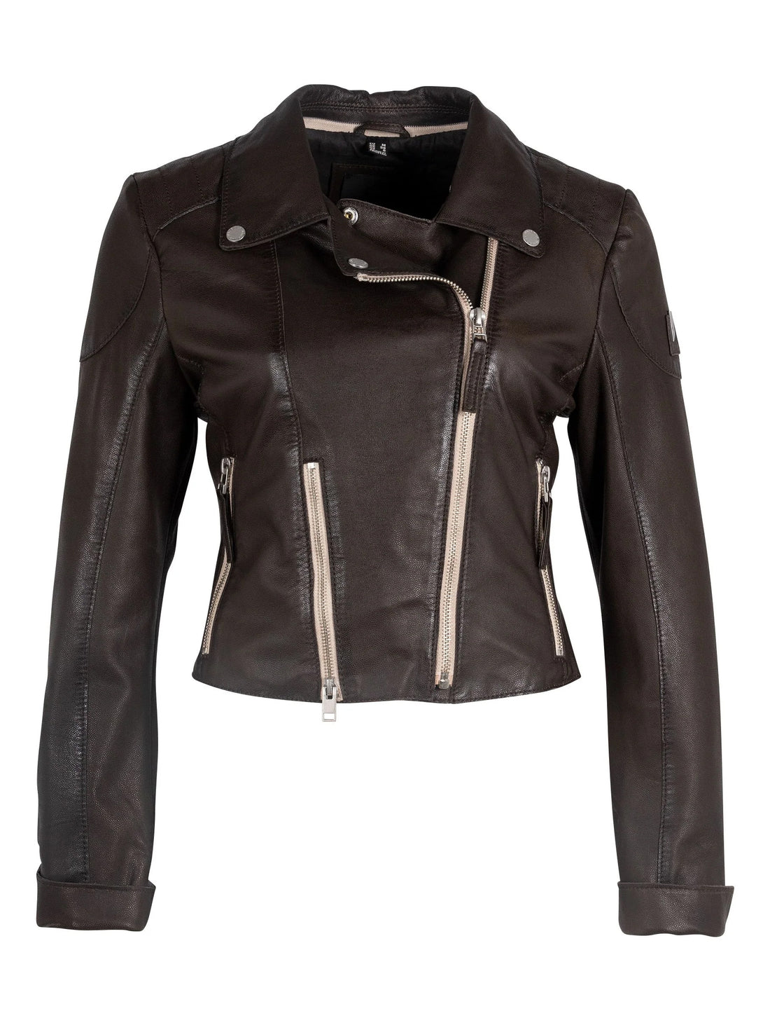 Conscious Coterie Reanon Leather Jacket in brown on mannequin front view