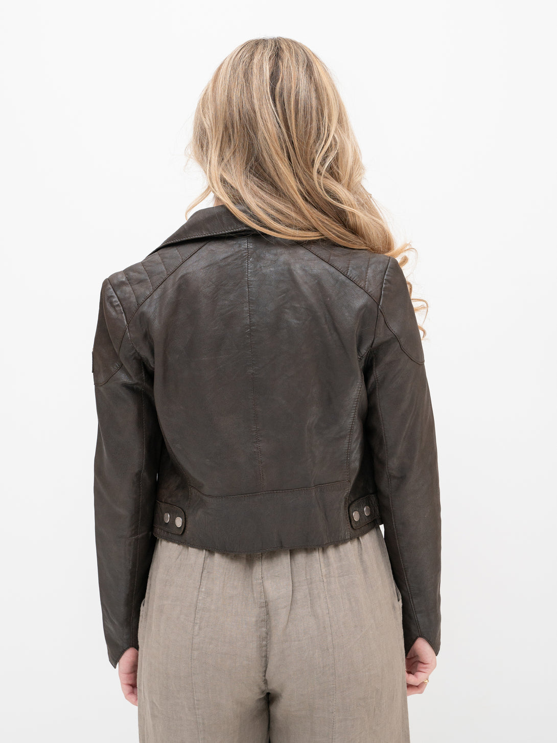 Conscious Coterie Reanon Leather Jacket in brown on model back view