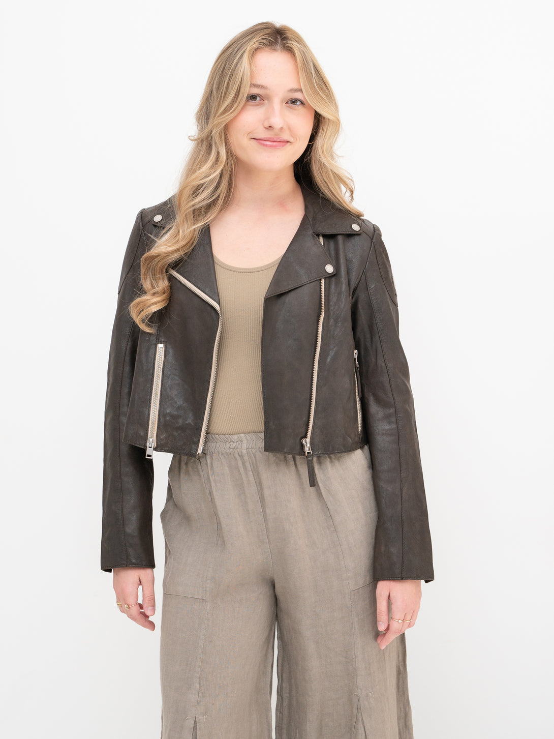 Conscious Coterie Reanon Leather Jacket in brown on model smiling front view