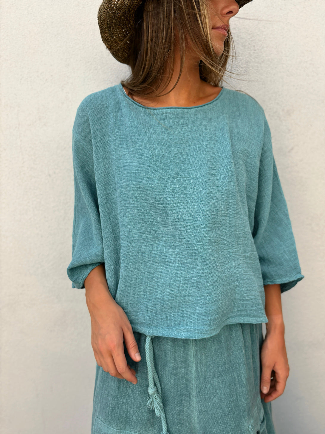 Conscious Coterie Rhonda Top in Teal on model front view