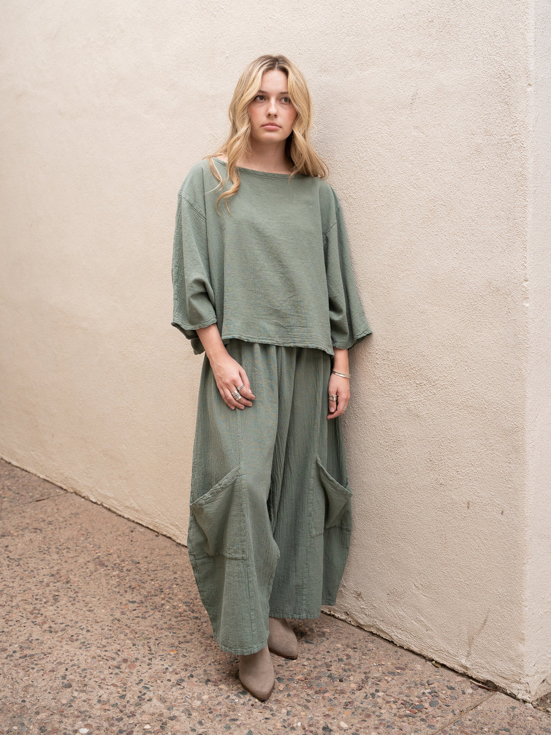 Conscious Coterie Rosie Top in sage cotton on model full front view