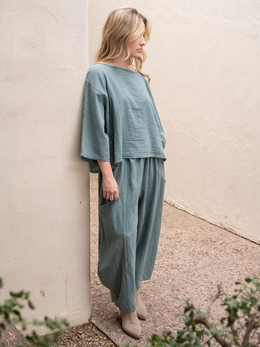 Conscious Coterie Rosie Top in sea cotton on model full front side view