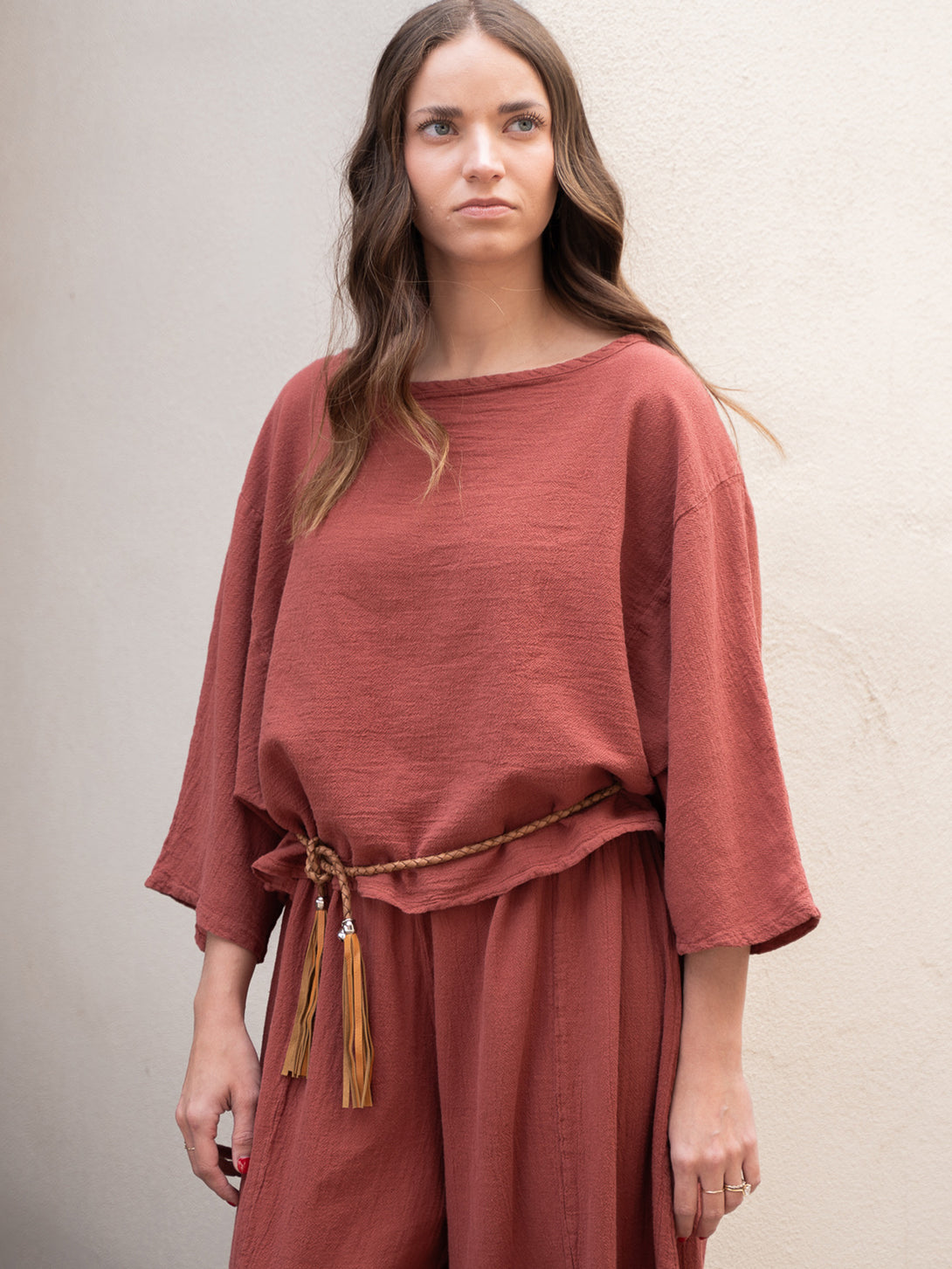 Conscious Coterie Rose Top in terracotta cotton on model front view
