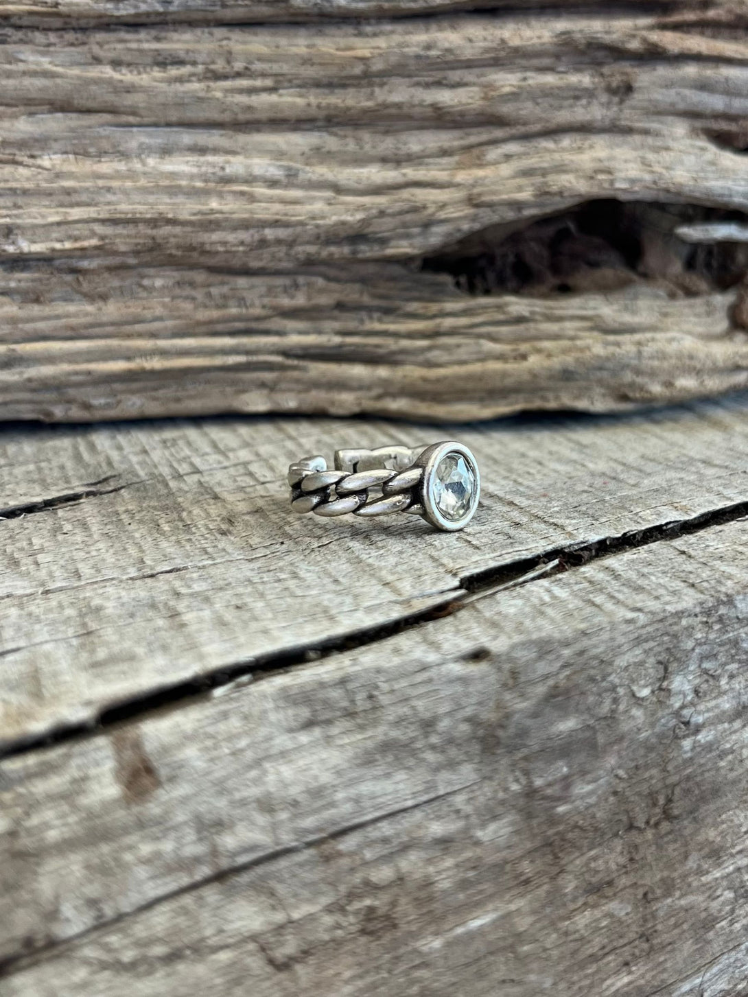 Conscious Coterie Ruth Single Clear Crystal Ring in braided brass with ...