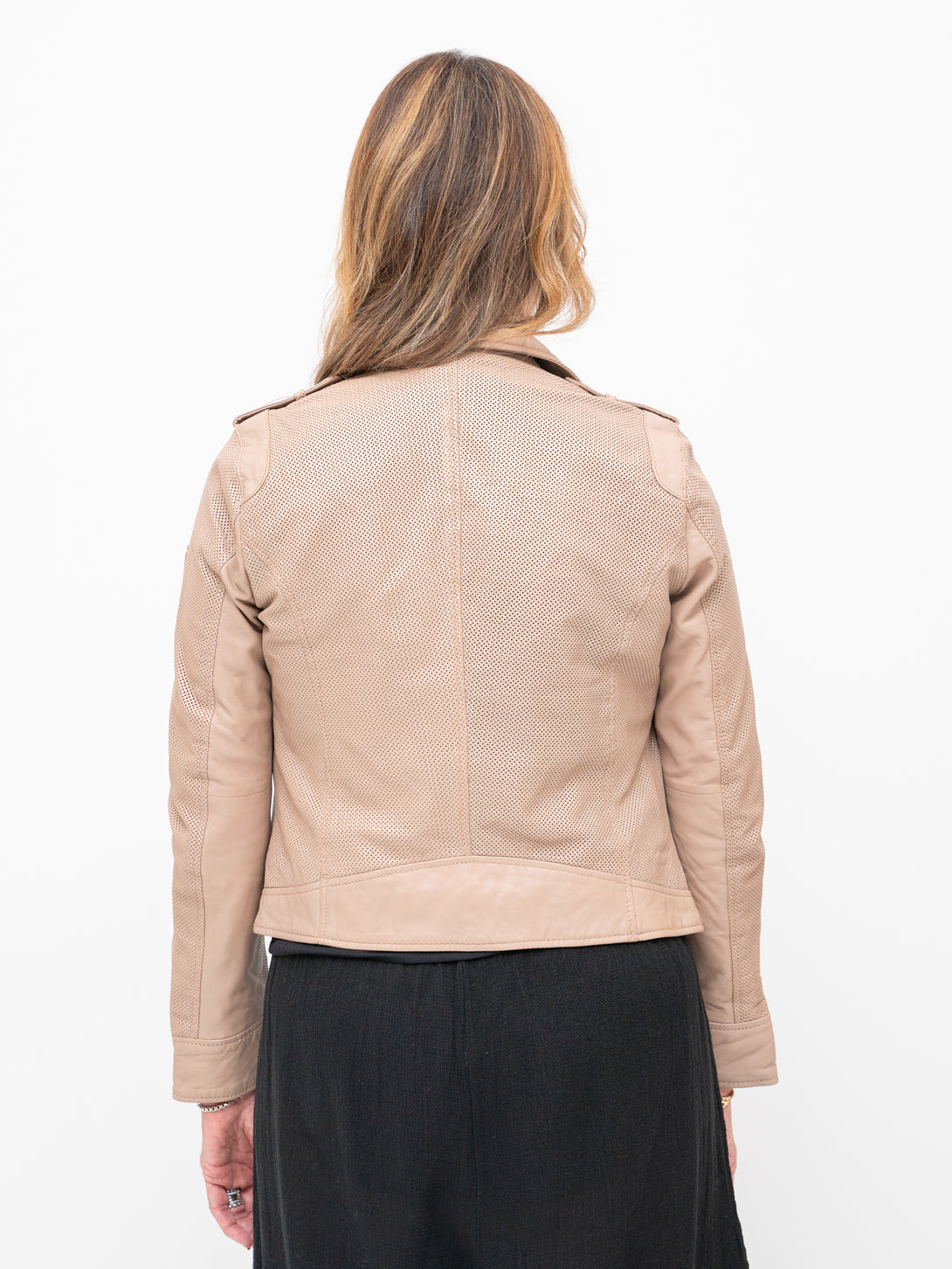 Conscious Coterie Sinta Leather Jacket in sand on model back view