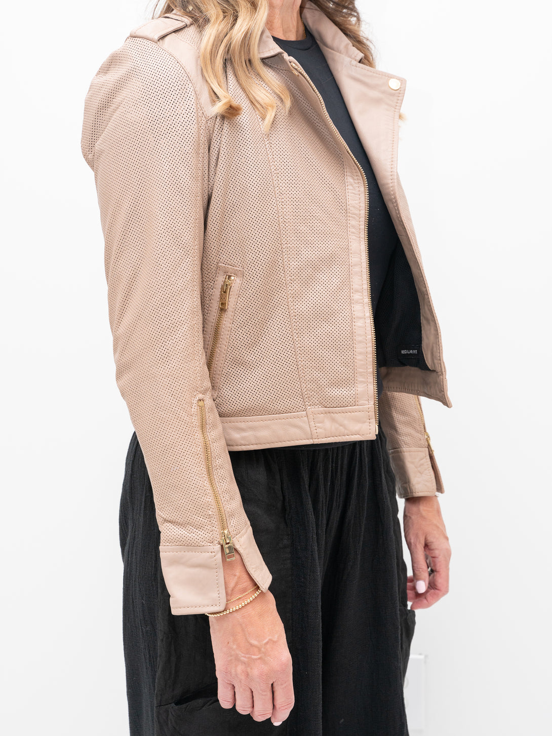 Conscious Coterie Sinta Leather Jacket in sand on model right side view