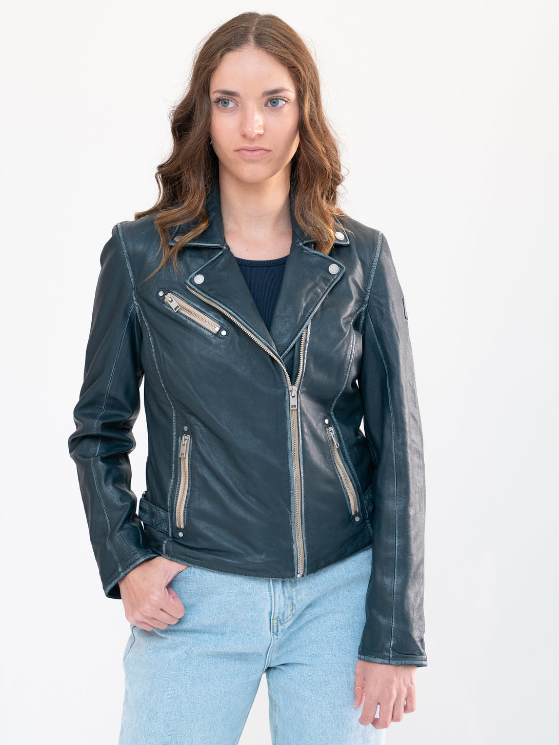 Conscious Coterie Sofia Leather Jacket in denim blue on model front view