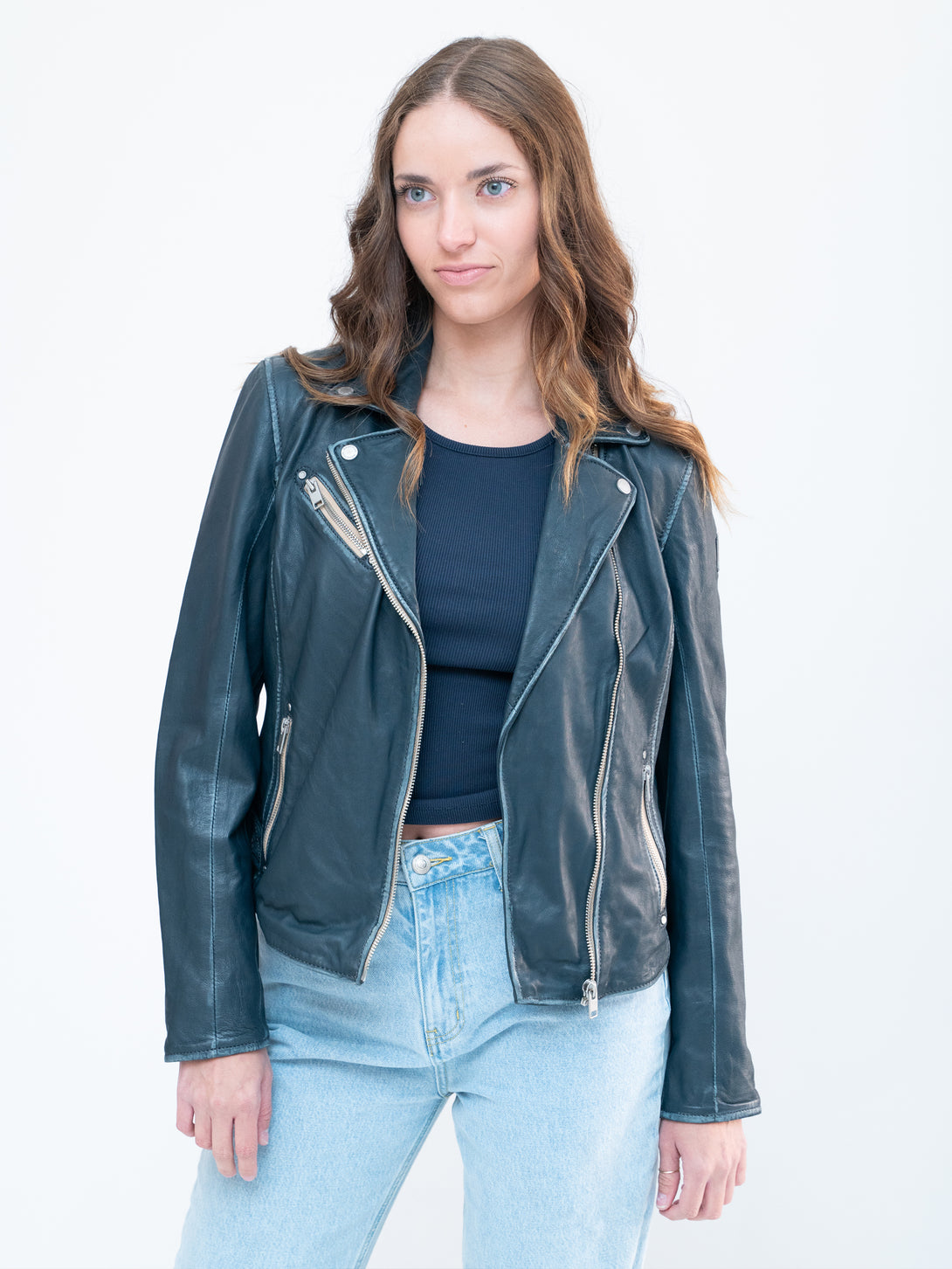 Conscious Coterie Sofia Leather Jacket in denim blue on model main front view