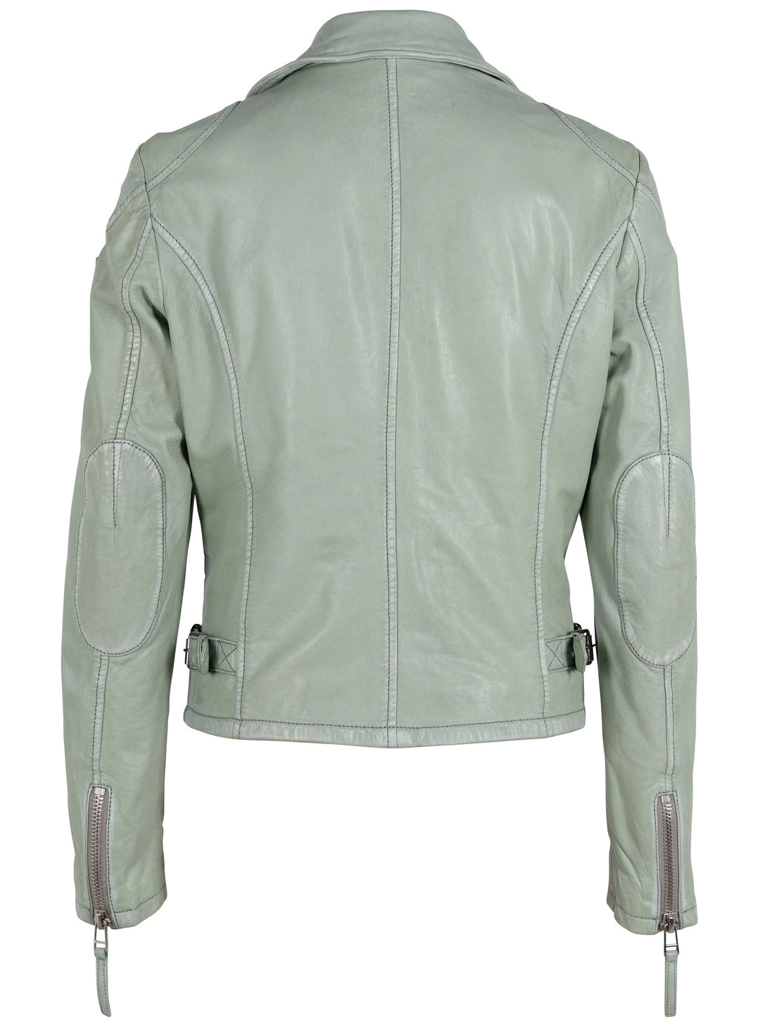 Conscious Coterie Sofia Leather Jacket in Frosty Green on mannequin back view