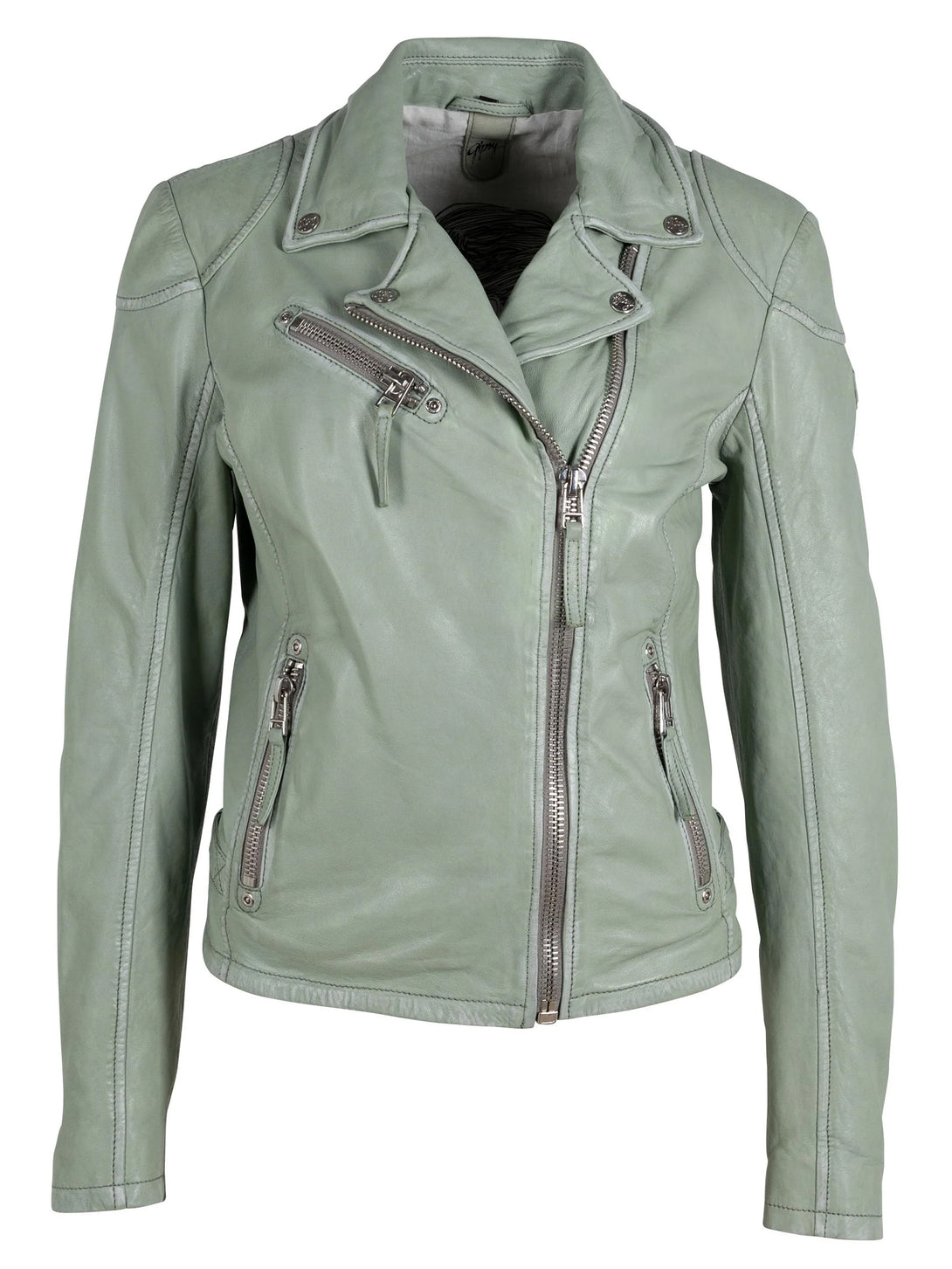 Conscious Coterie Sofia Leather Jacket in Frosty Green on mannequin front view