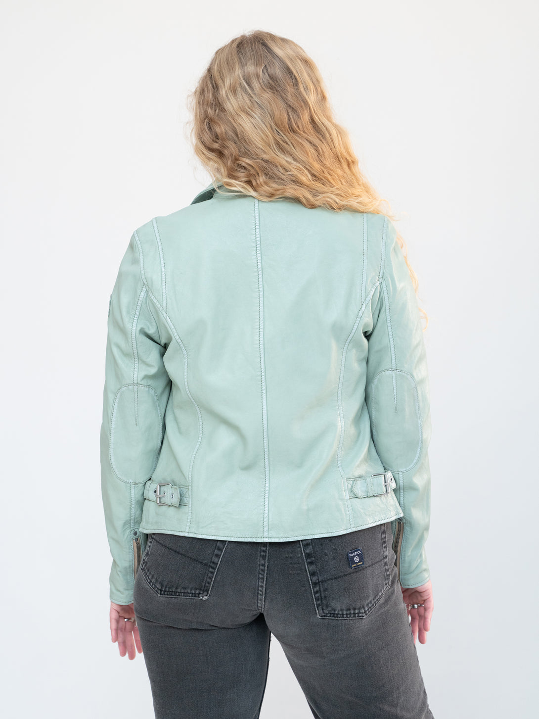 Conscious Coterie Sofia Leather Jacket in frosty green on model back view