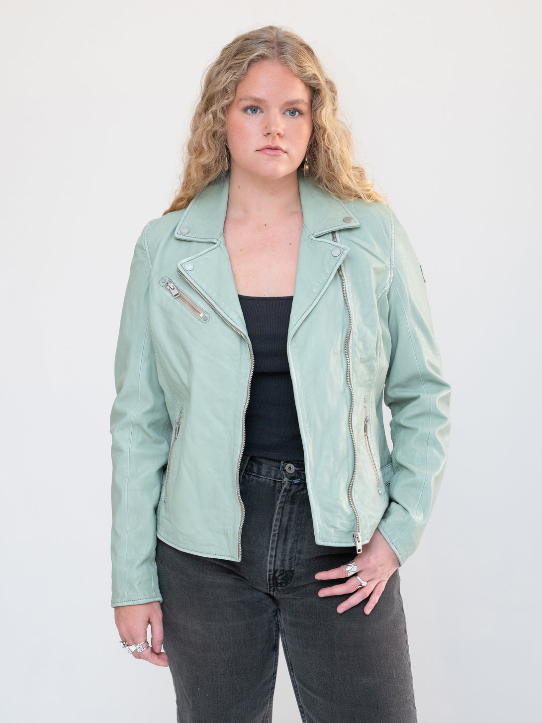 Conscious Coterie Sofia Leather Jacket in frosty green on model front view