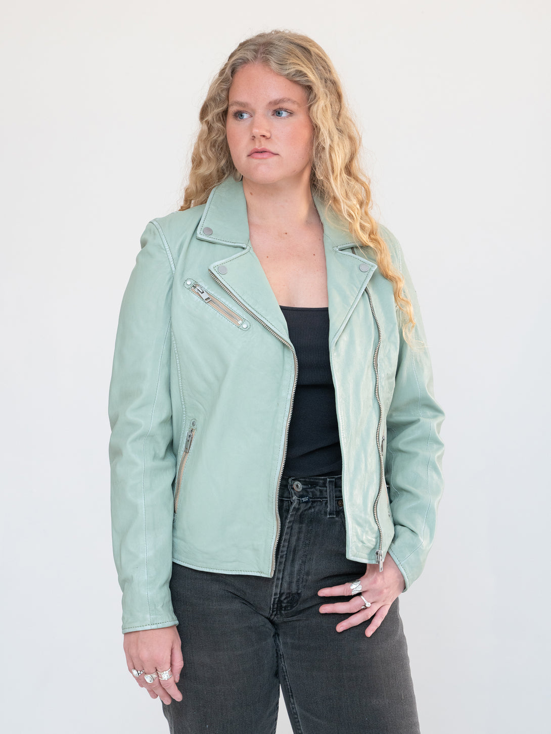 Conscious Coterie Sofia Leather Jacket in frosty green on model looking right front view