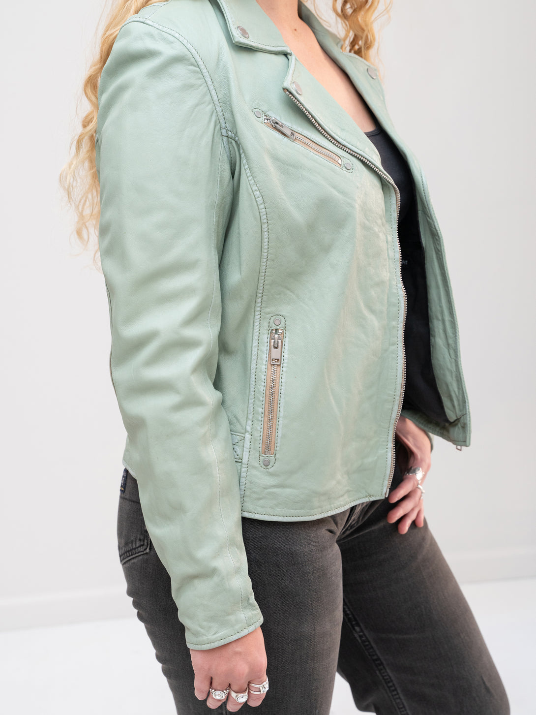 Conscious Coterie Sofia Leather Jacket in frosty green on model side view