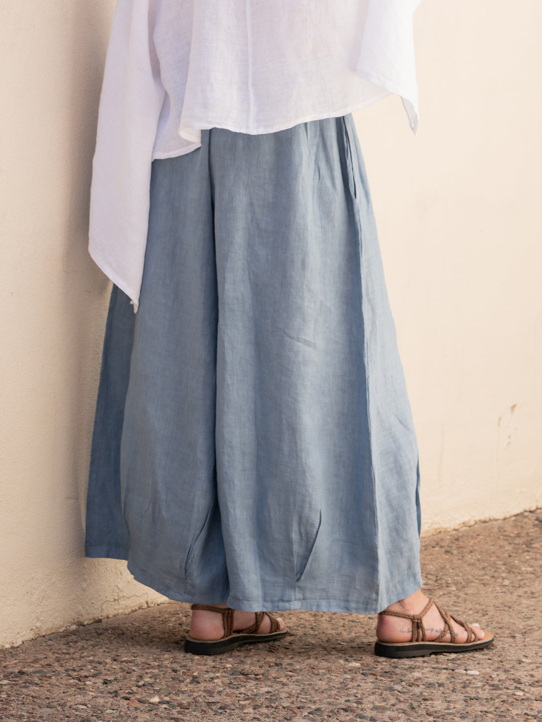 Conscious Coterie Stevie Linen Pant in Denim on model back view