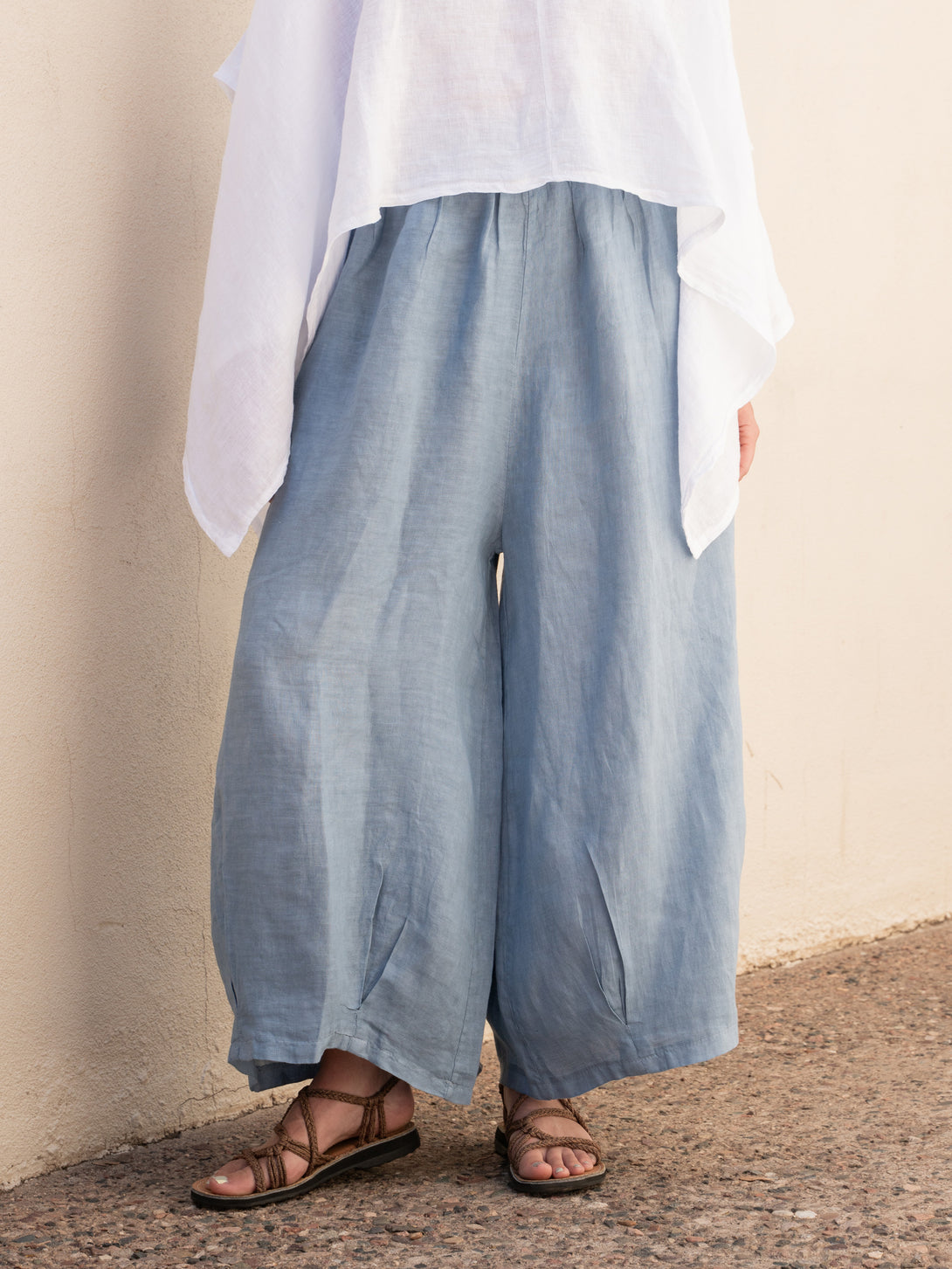 Conscious Coterie Stevie Linen Pant in Denim on model front view