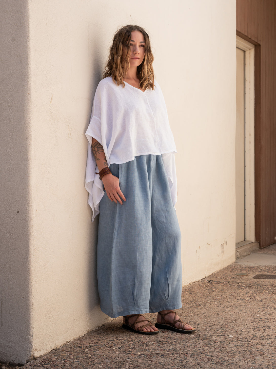 Conscious Coterie Stevie Linen Pant in Denim on model full front side view