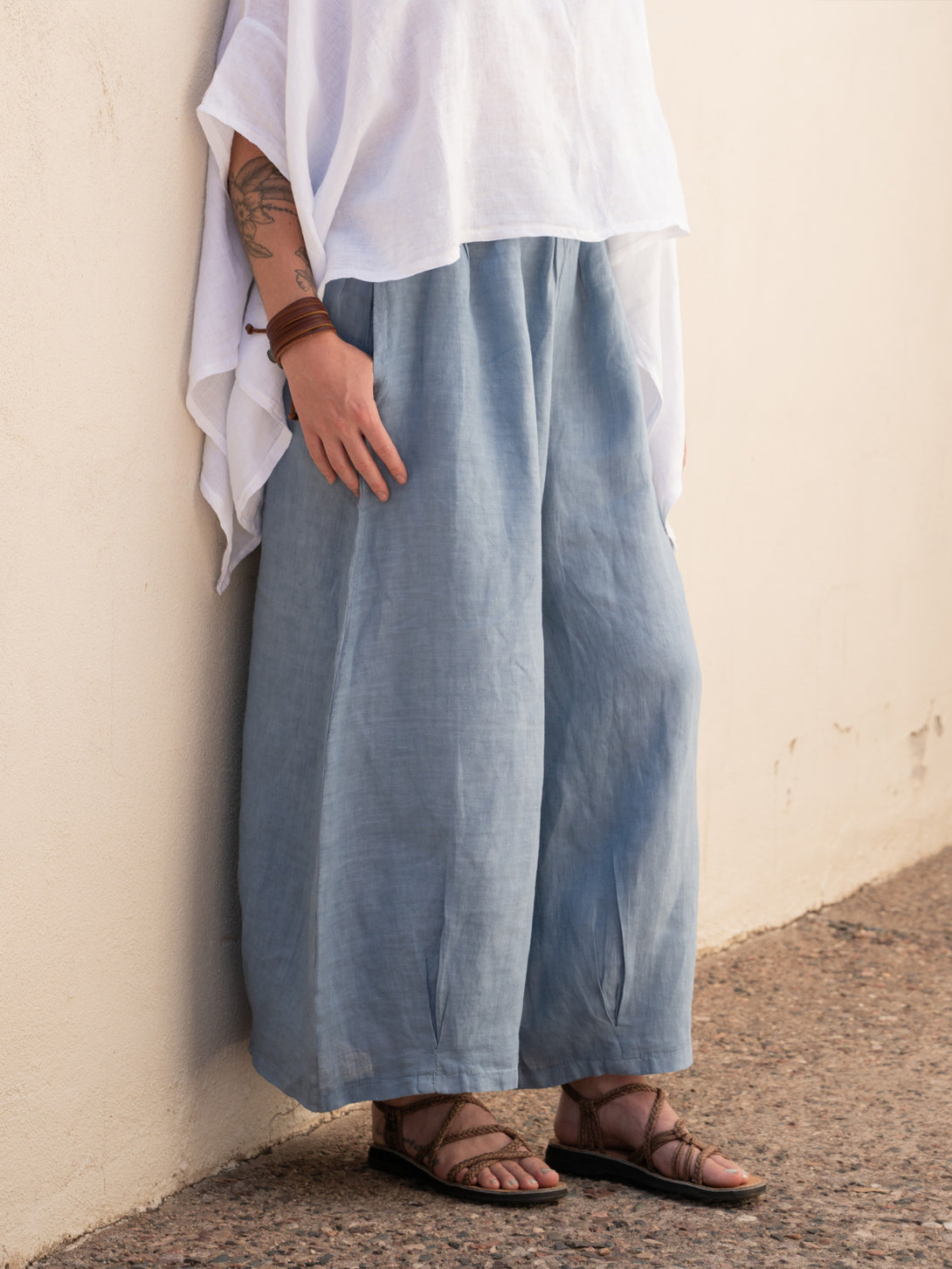 Conscious Coterie Stevie Linen Pant in Denim on model side view