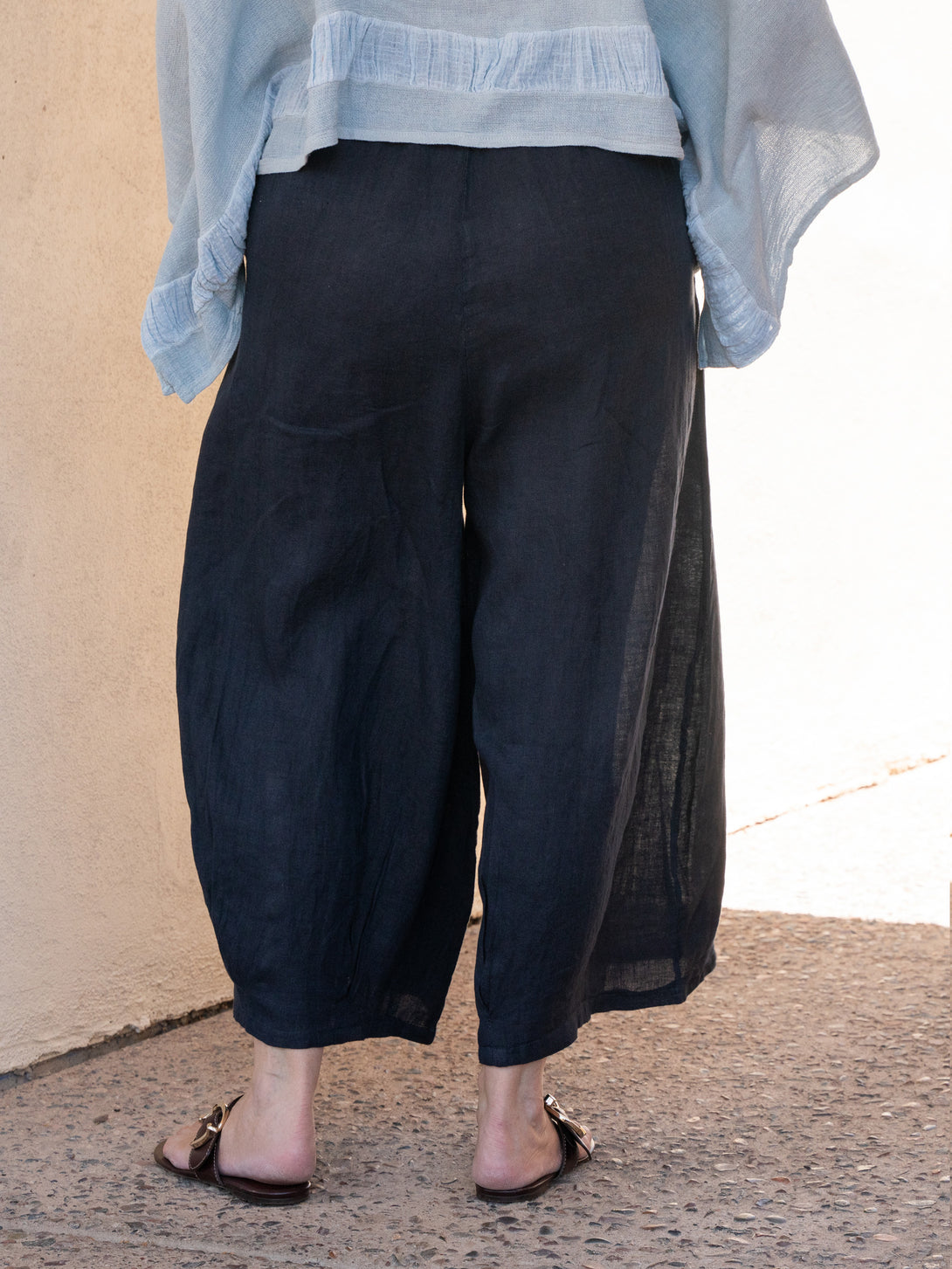 Conscious Coterie Stevie Linen pant in Navy on model back view