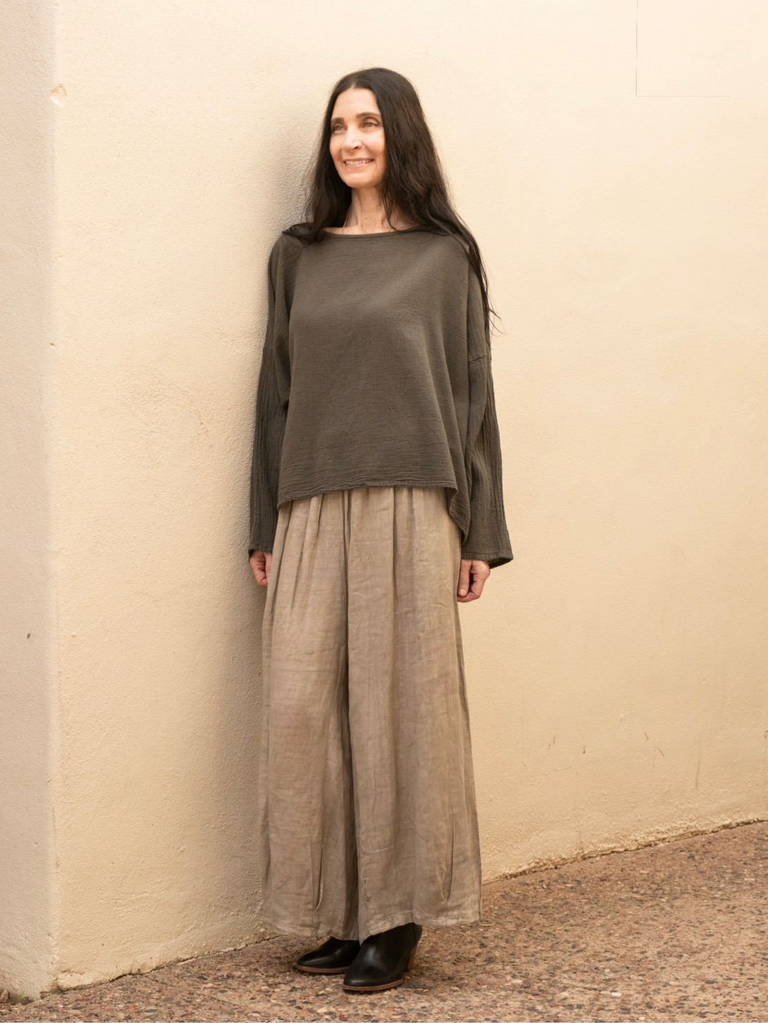 Conscious Coterie Stevie linen pant in taupe full body photo of woman facing forward showing the front view of the pants