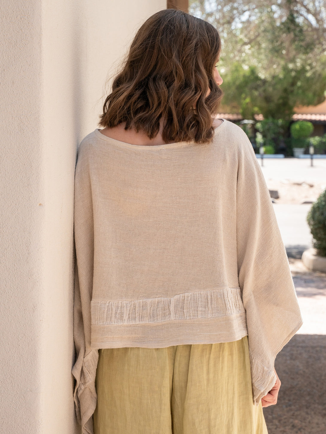 Conscious Coterie Tori Linen Top in Beige on model back view
