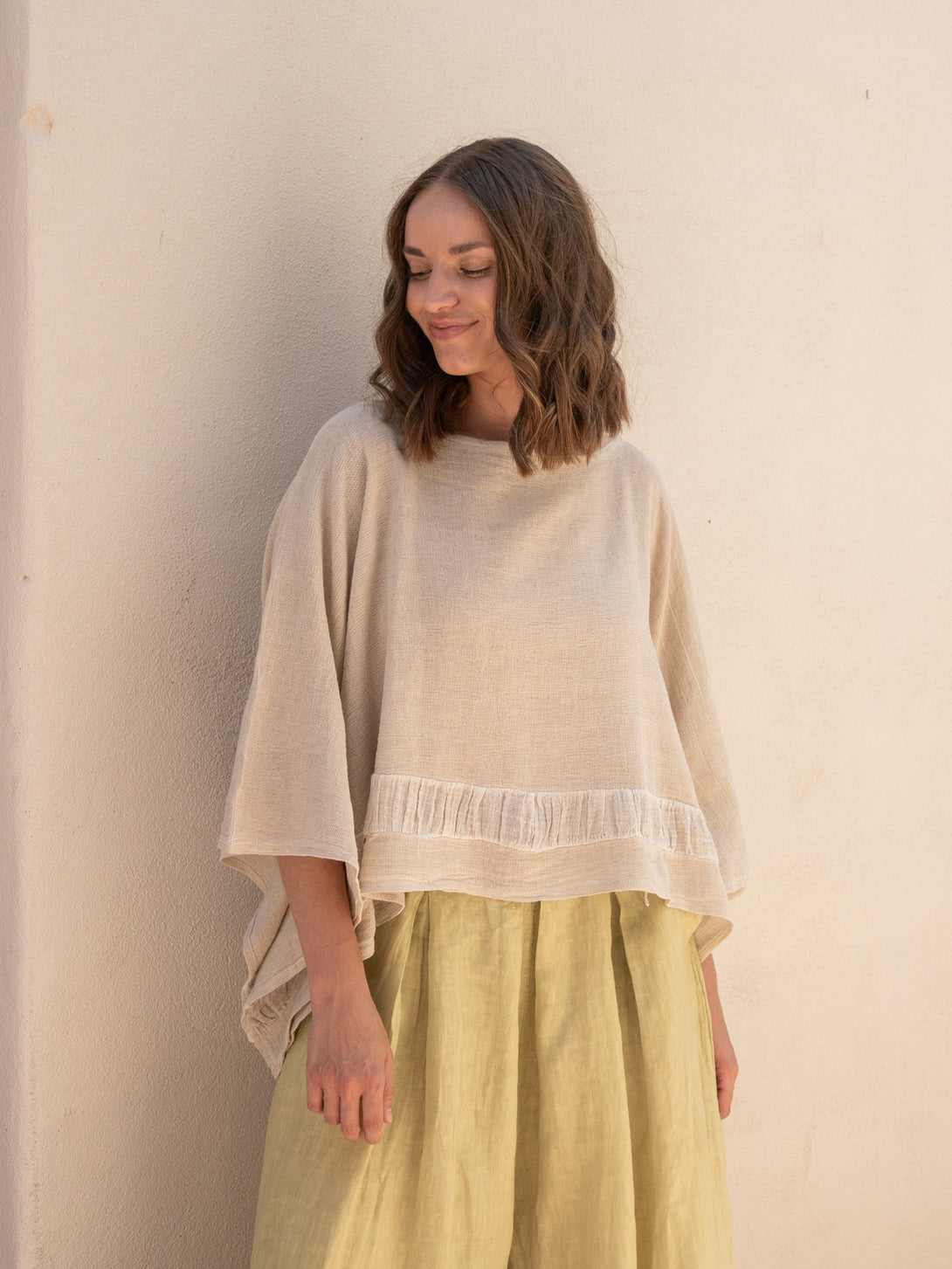 Conscious Coterie Tori Linen Top in Beige on model front view
