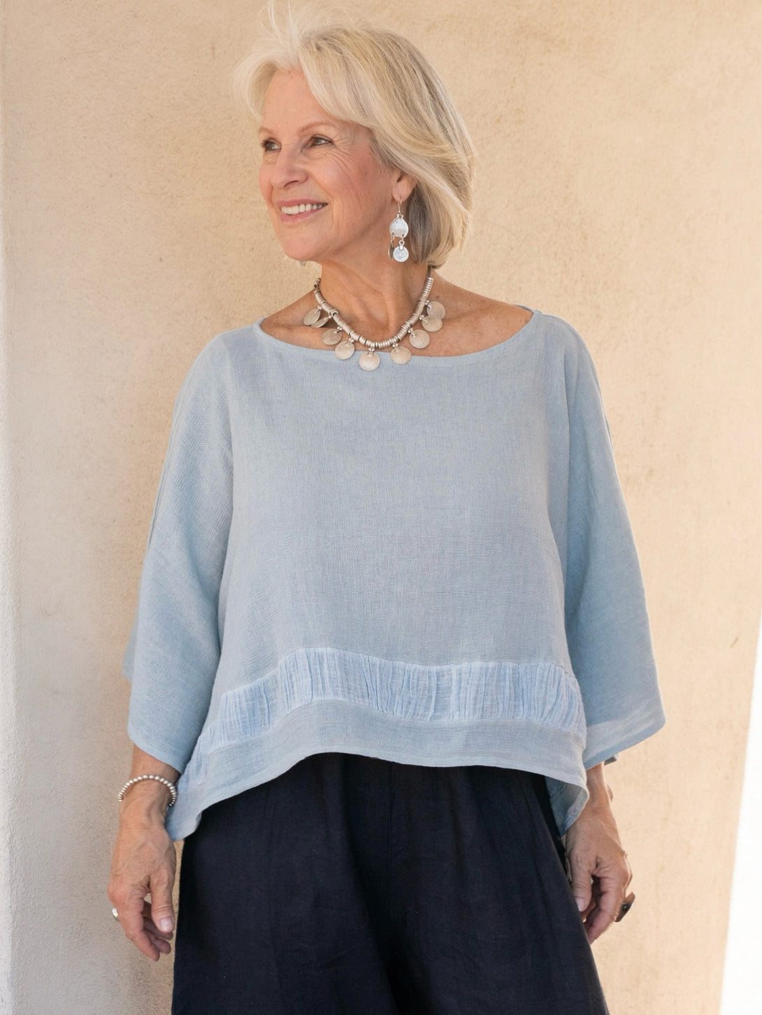 Conscious Coterie Tori Linen Top in Sky Blue on model front view