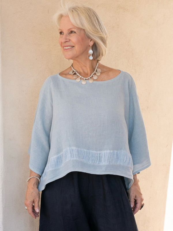 Conscious Coterie Tori Linen Top in Sky Blue on model front view