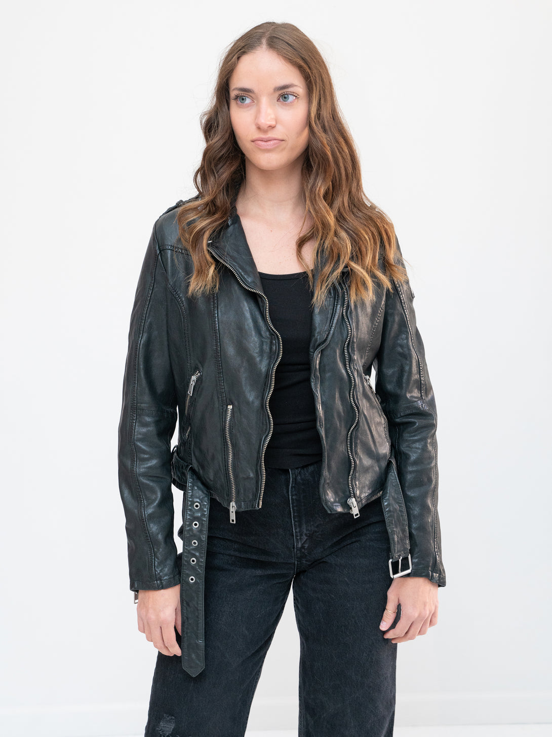 Conscious Coterie Wild Leather Jacket in black on model front view