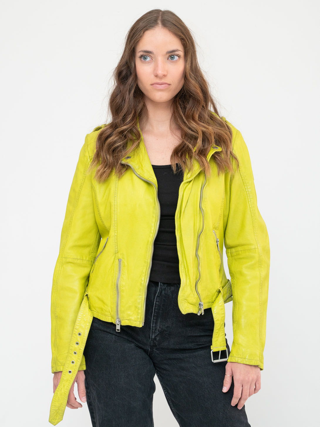 Conscious Coterie Wild Leather Jacket in lime on model front view