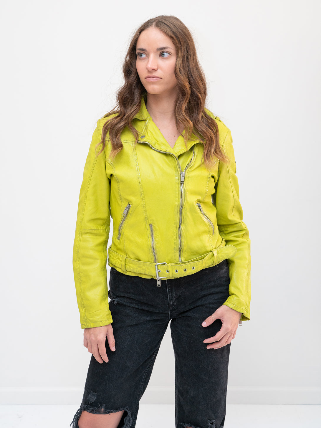 Conscious Coterie Wild Leather Jacket in lime on model full front view