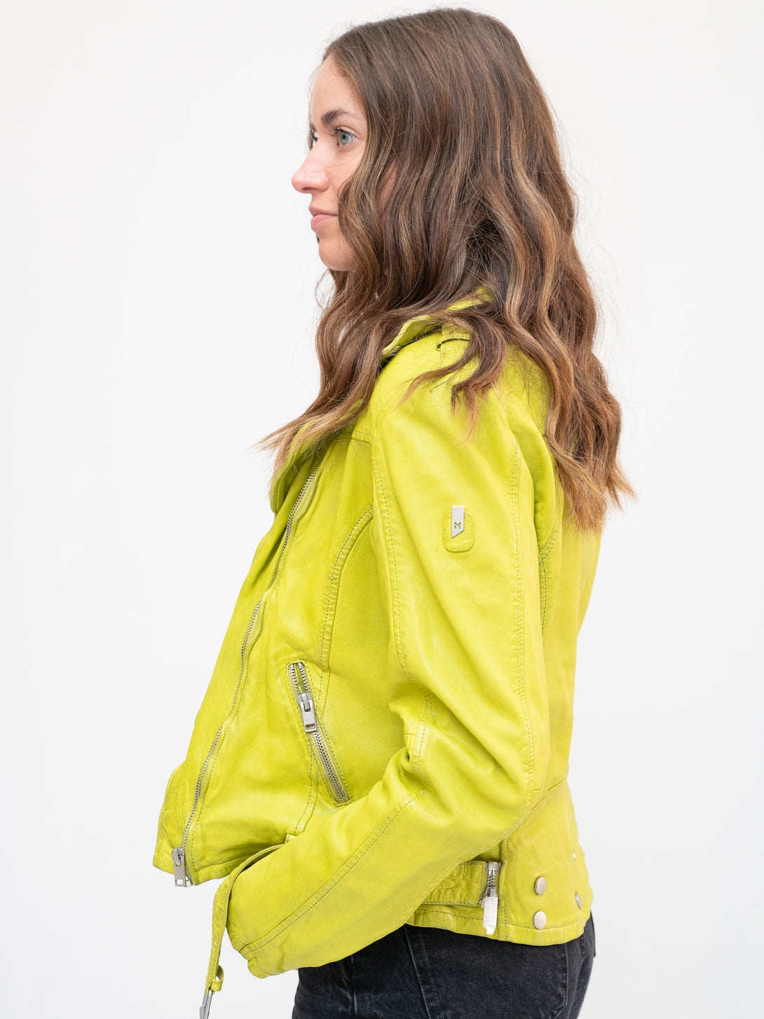 Conscious Coterie Wild Leather Jacket in lime on model side view