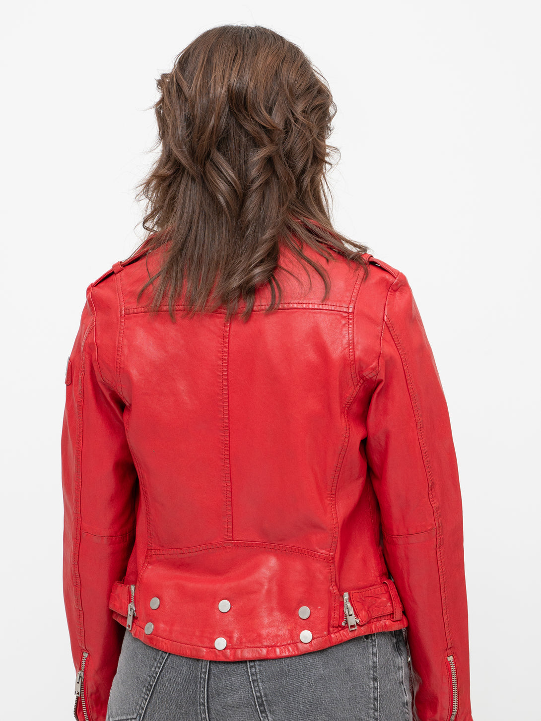 Conscious Coterie Wild Leather Jacket in red on model back view