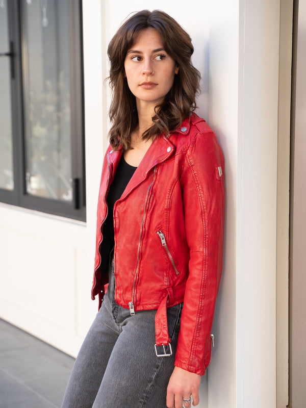 Conscious Coterie Wild Leather Jacket in red on model looking left front view