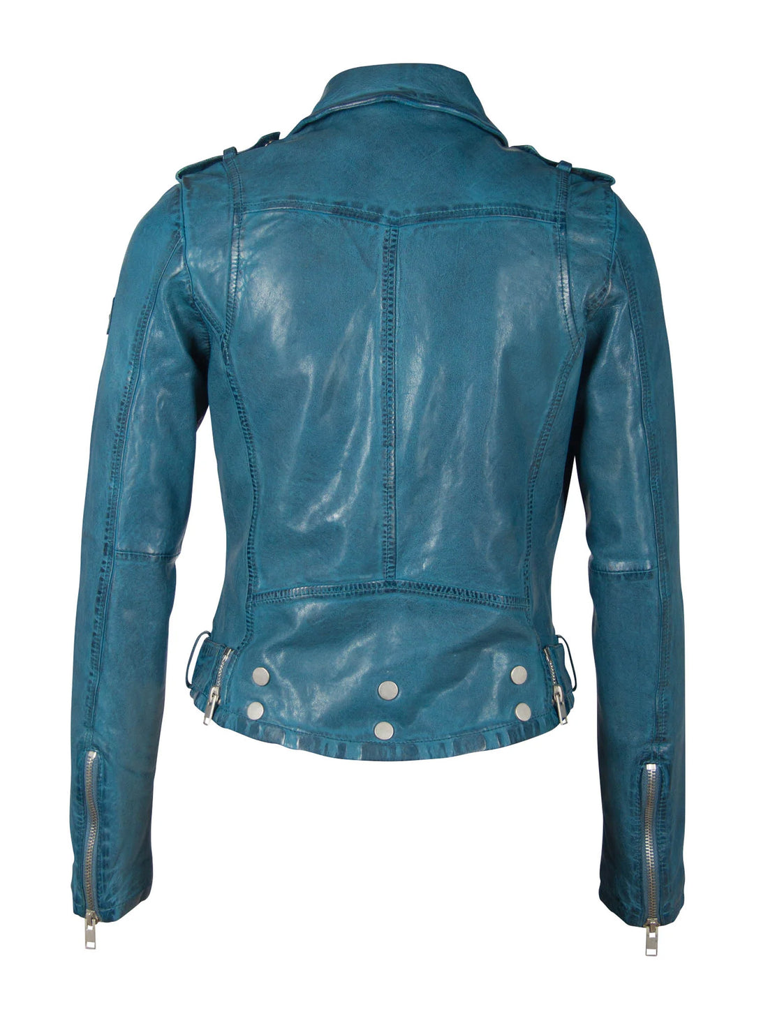 Conscious Coterie Wild Leather Jacket in teal on mannequin back view