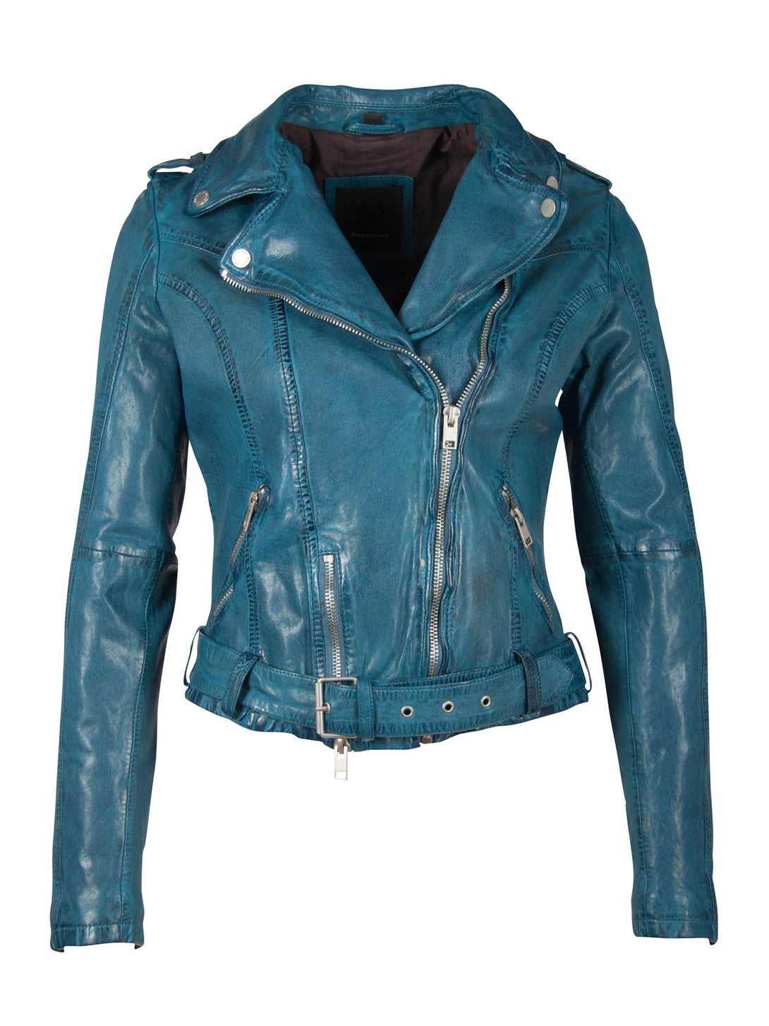 Conscious Coterie Wild Leather Jacket in teal on mannequin front view