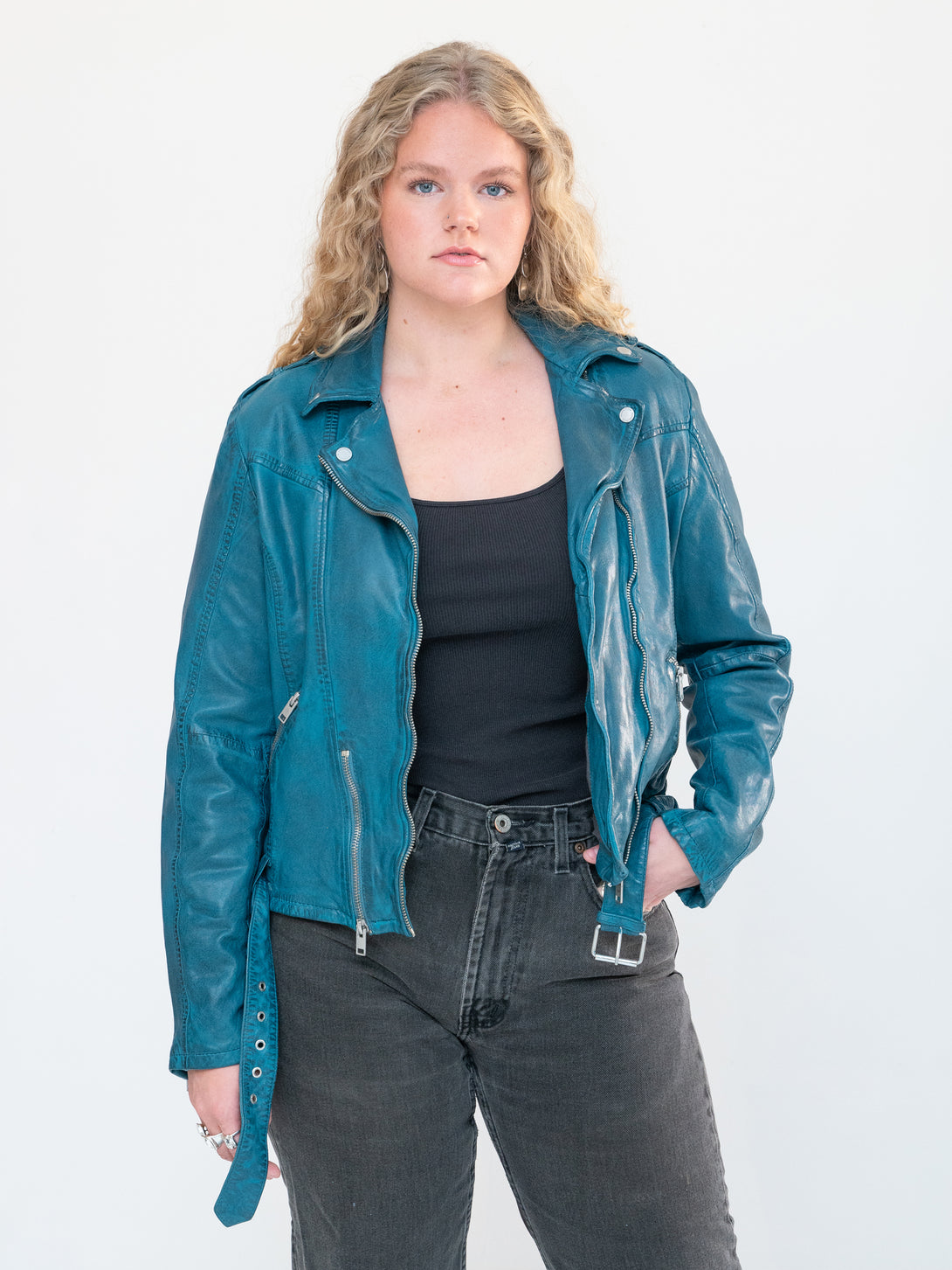 Conscious Coterie Wild Leather Jacket in teal on model front view