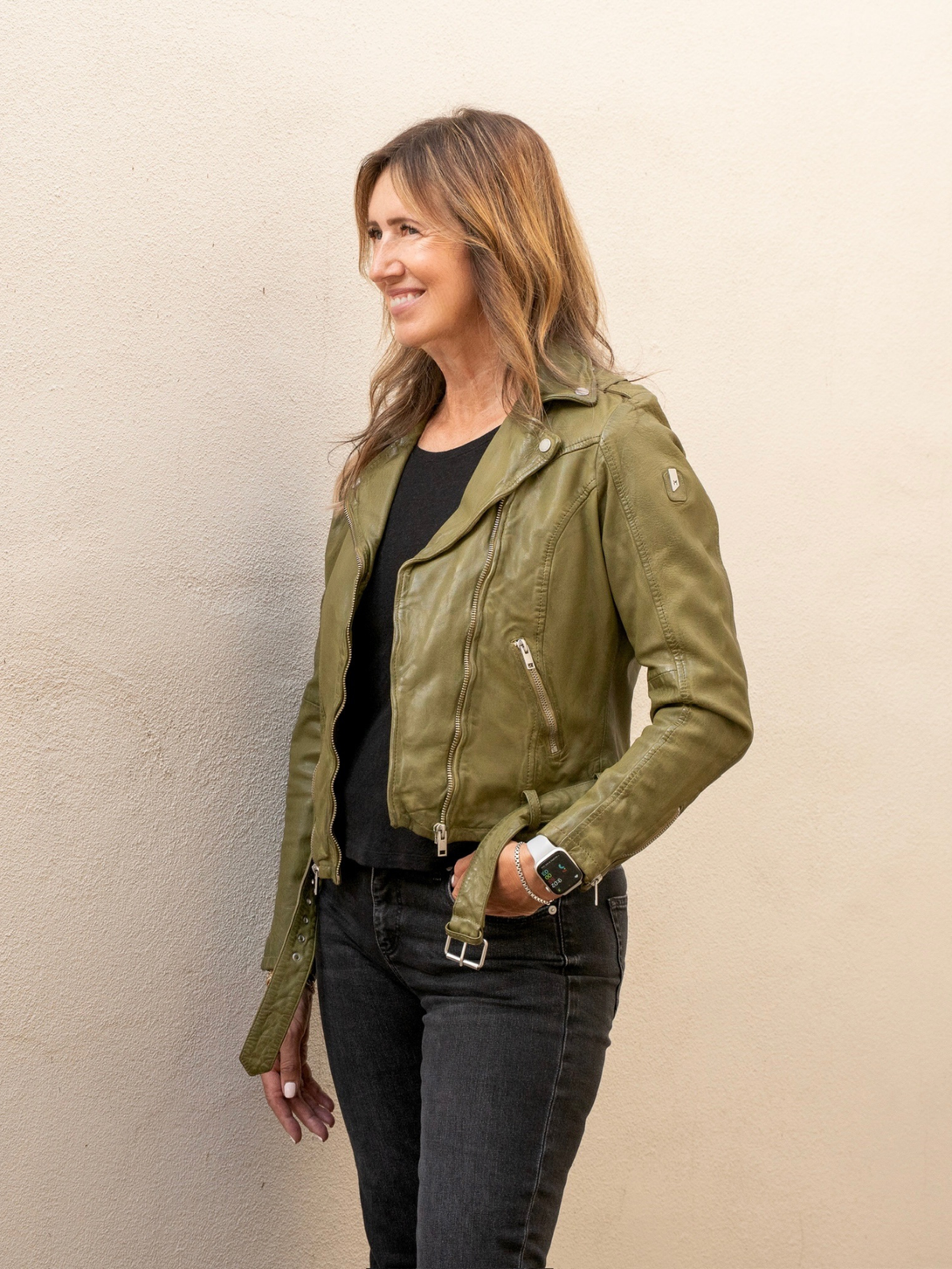 Conscious Coterie Wild Leather Jacket in olive side view of left side of jacket