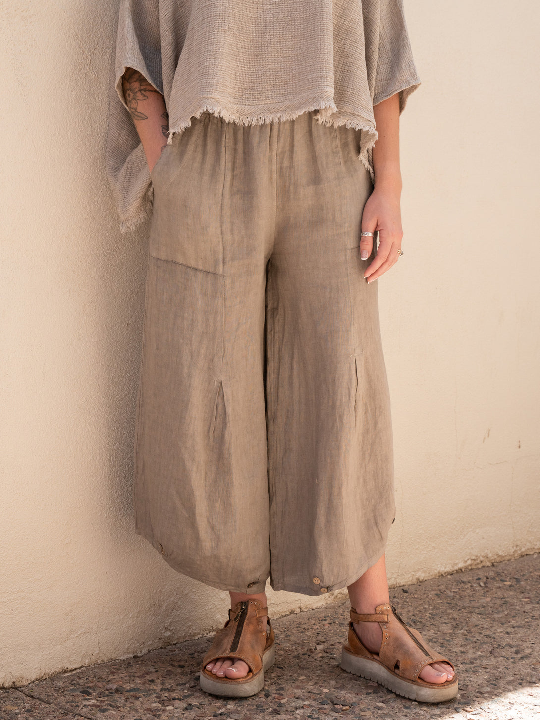 Conscious Coterie Yoli Linen Pant in Taupe on model front view