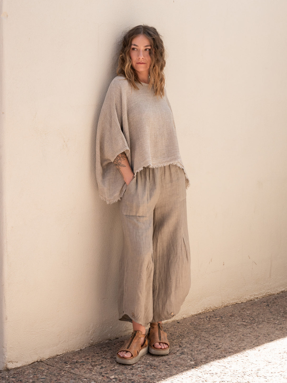 Conscious Coterie Yoli Linen Pant in Taupe on model looking right full front view