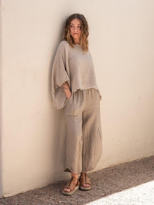 Conscious Coterie Yoli Linen Pant in Taupe on model looking right full front view