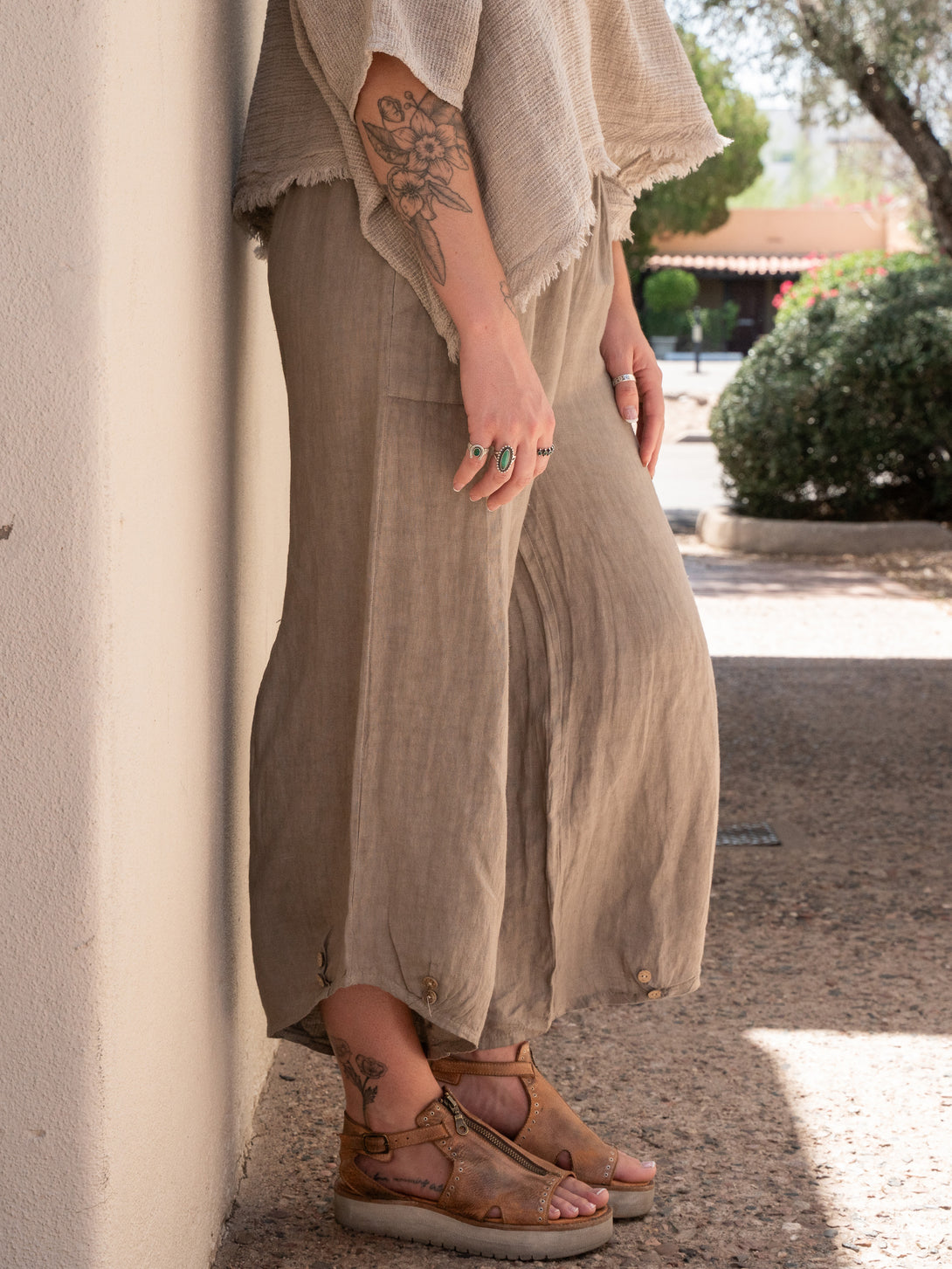 Conscious Coterie Yoli Linen Pant in Taupe on model side view
