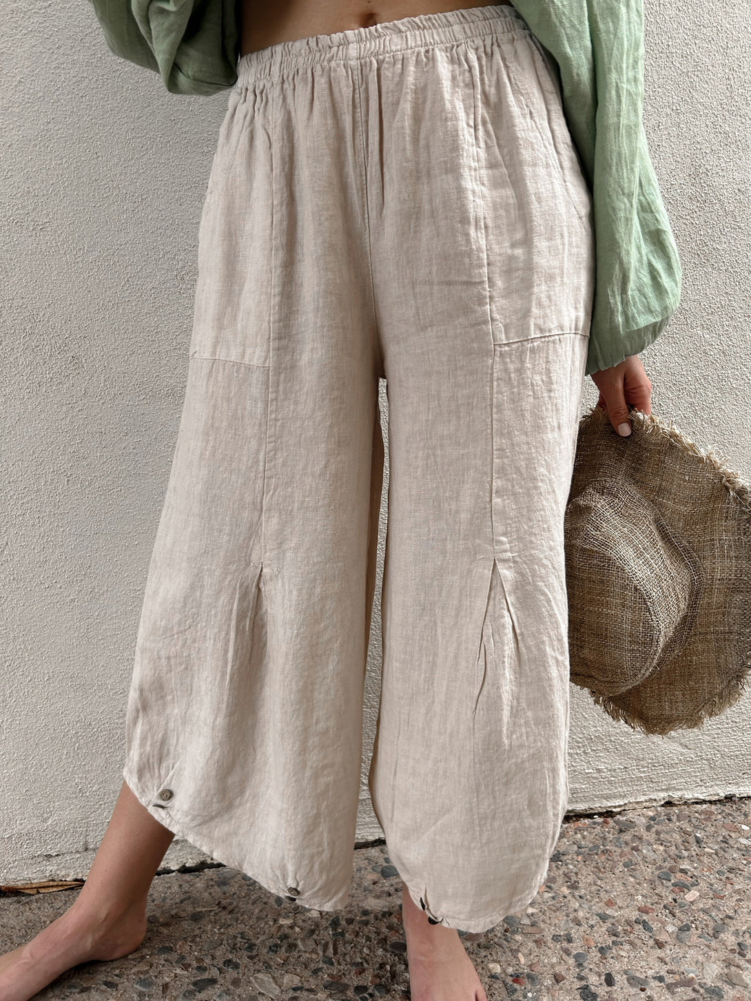 Conscious Coterie Yoli Pant in Beige on model front detail view