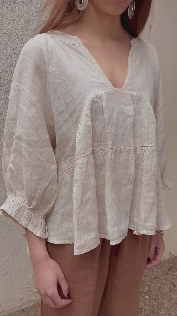 Conscious Coterie Charlie Top Beige video of woman wearing top showing all angles 